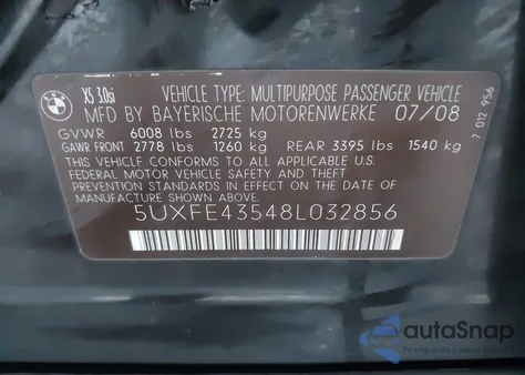 2008 BMW X5 3.0Si z USA, uszkodzony, nr VIN 5UXFE43548L032856